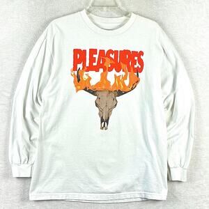 Pleasures Ranger Shirt Mens L White Cow Skull Flames Streetwear Skater Punk